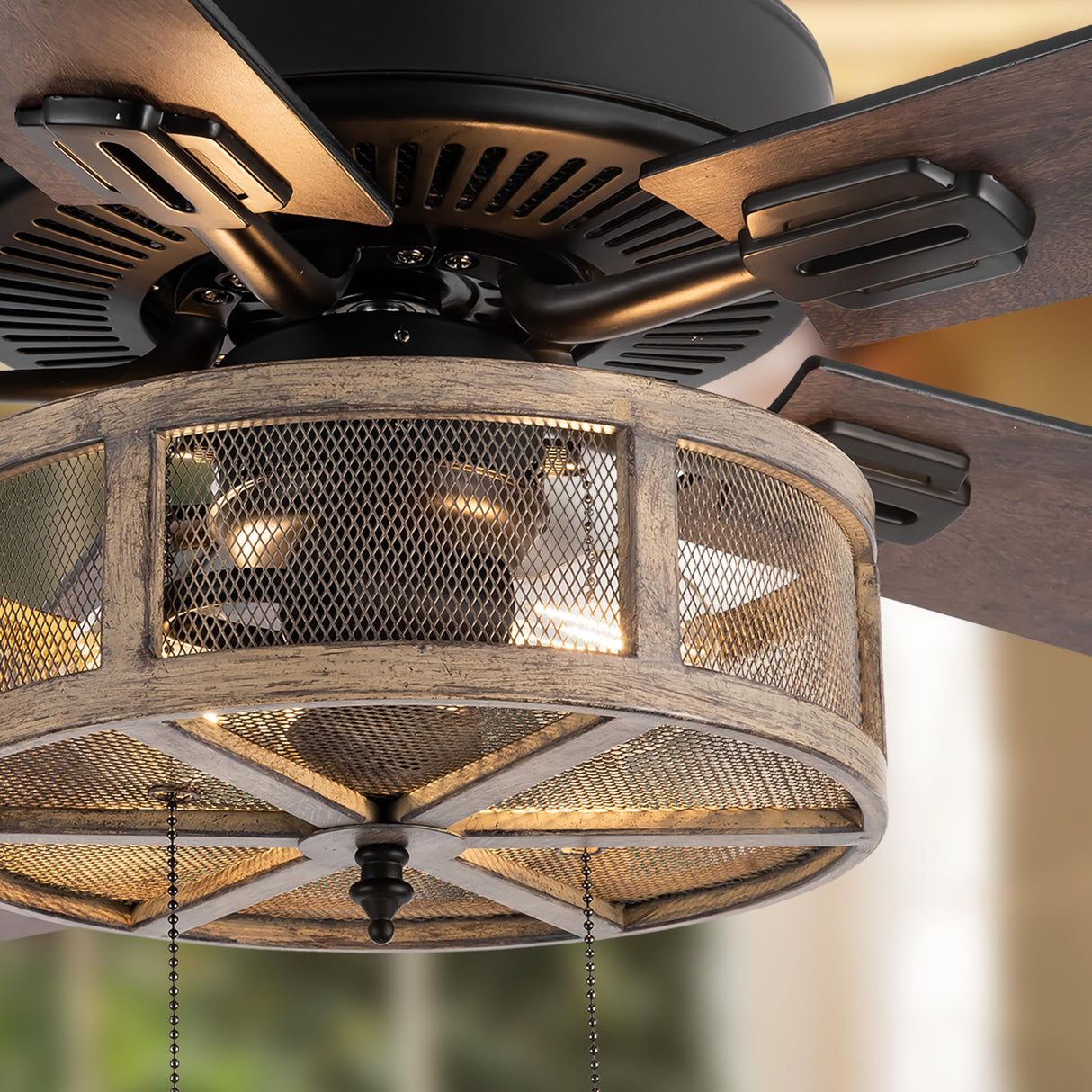 RIVER OF GOODS 52 Inch LED Modern Farmhouse Ceiling Fan with Light - Rustic Ceiling Fans with Lights - Elegant Industrial Fan with Mesh Metal Caged Shade - Brown RIVER OF GOODS