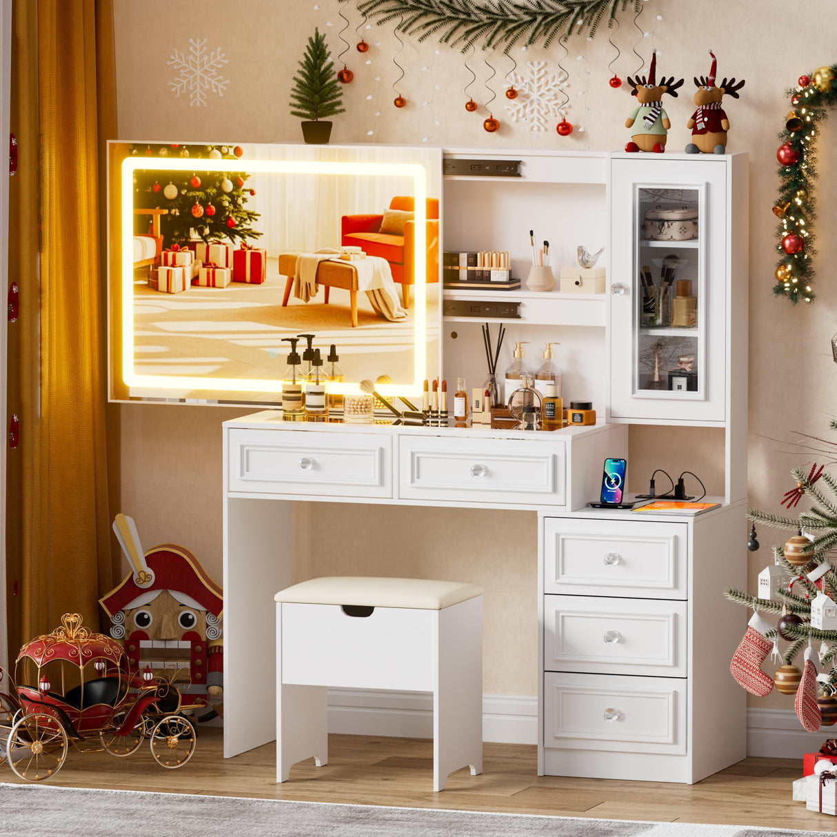 PAKASEPT Vanity Desk with Sliding Mirror and Lights, 44" Makeup Vanity Table with Glass Top, 5 Drawers, Storage Cabinet, 2 Hidden Storage Shelves, Charging Station & Stool Set for Bedroom, White PAKASEPT