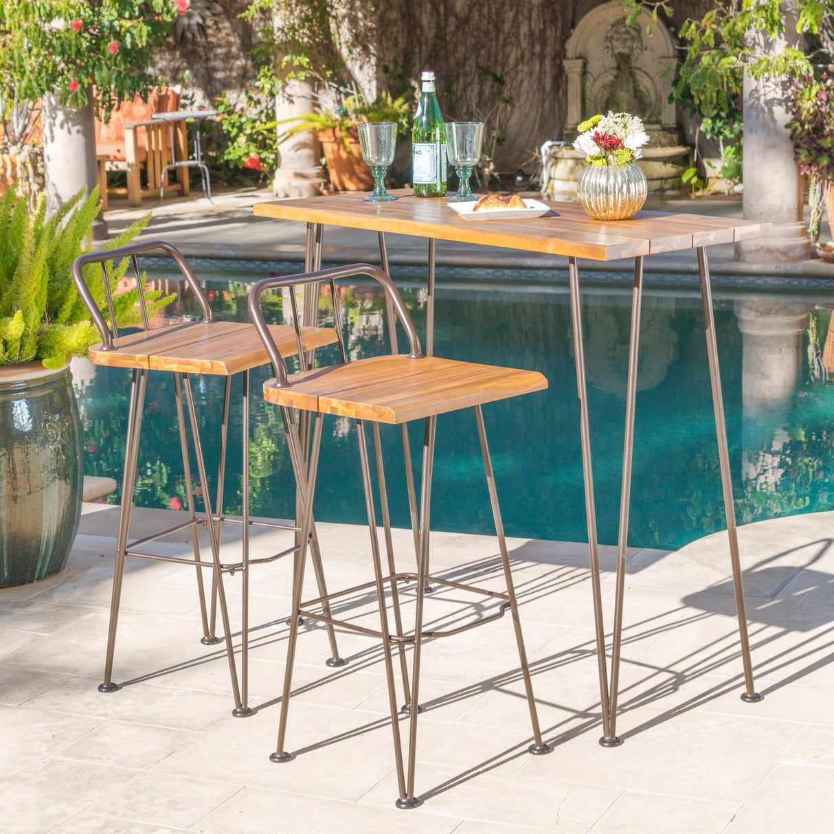 Christopher Knight Home Denali Outdoor Industrial Acacia Wood Bar Set with Finished Iron Frame, Teak Finish / Rustic Metal Christopher Knight Home