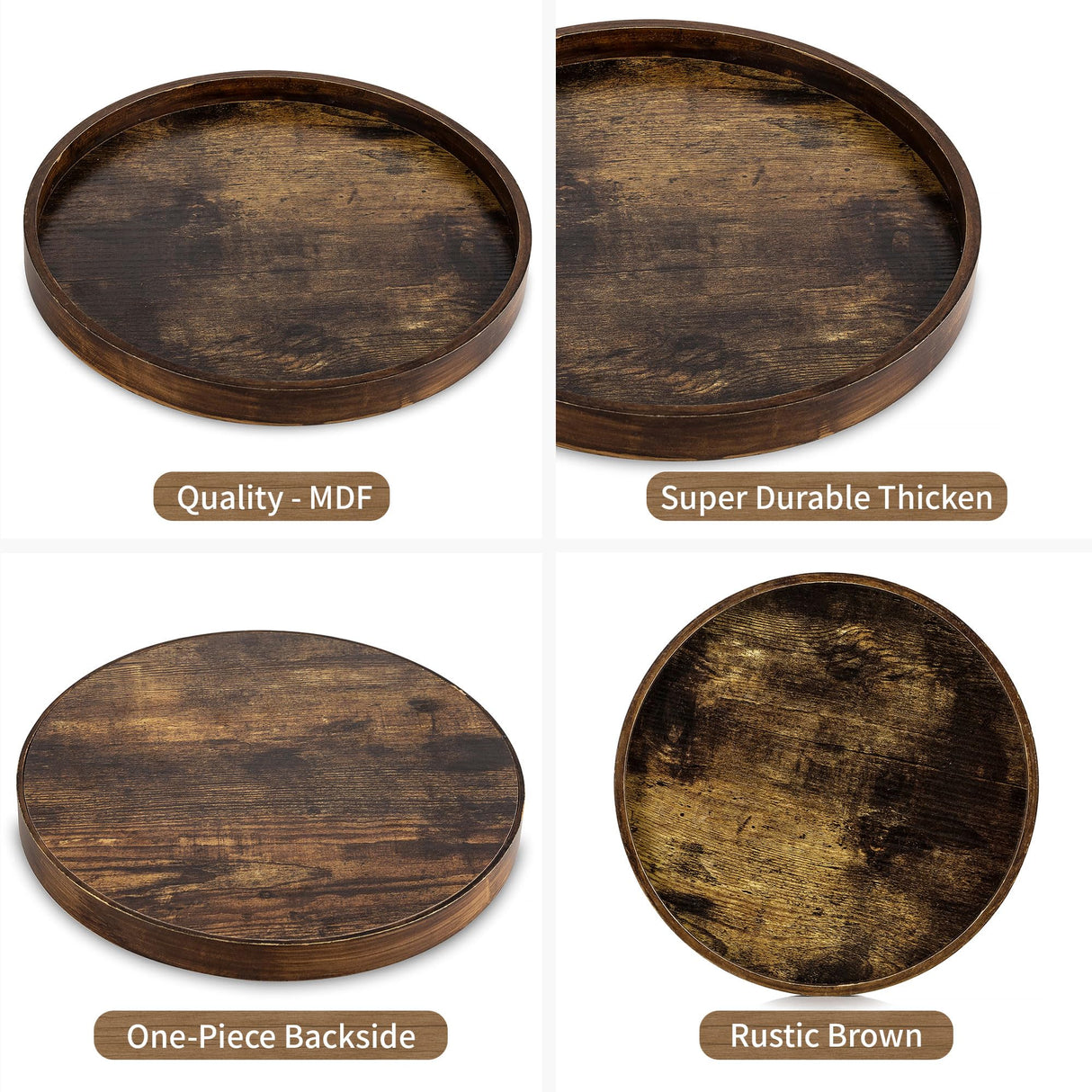 Hanobe Decorative Coffee Table Tray: Brown Wood Tray Round Rustic Wooden Trays Circle Farmhouse Centerpiece Candle Holder for Home Decor Ottoman Counter Display Living Room Organizer 12" Hanobe