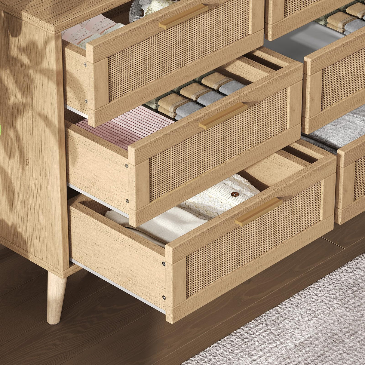 Rovaurx 9 Drawer Double Dresser for Bedroom, Rattan Chest of Dressers, Modern Wooden Dresser Chest with Golden Handles, Beside Table for Closet, Living Room and Entryway, Natural Rovaurx