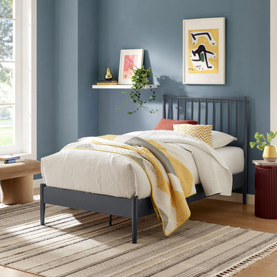 Modway Adair Twin Metal Platform Bed Frame with Spindle Headboard – Classic Modern Farmhouse Mattress Foundation with Wood Slat Support, No Box Spring Needed