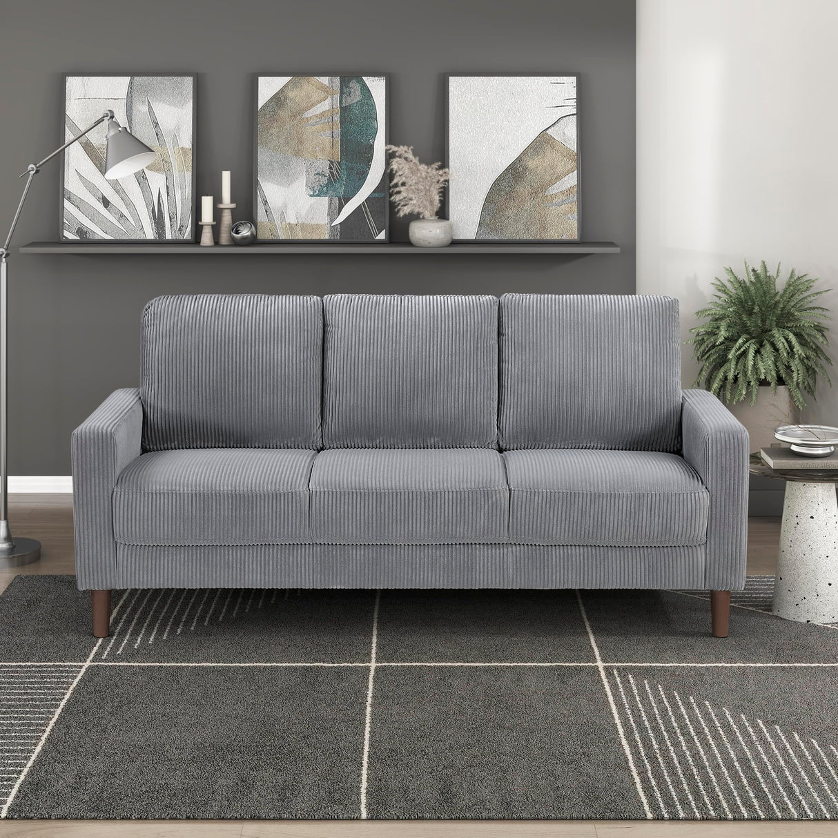 Lexicon Modern Sofa, Corduroy Fabric Upholstered Living Room Sofa, Couch with Brown Legs, Track Arms, Comfy Couch for Living Room/Bedroom/Apartment, 3-Seater, Gray Lexicon
