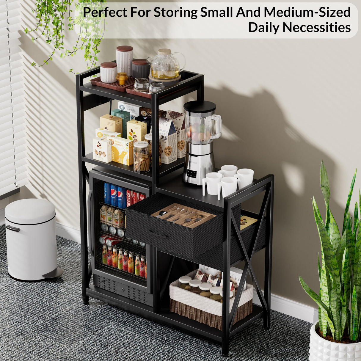 Unihouse Bakers Rack With Power Outlets,Fridge Stand With Storage Shelves And Drawers,Bakers Rack For Kitchen/Office/Study,Microwave Stand For Beans, Spices, Seasoning, Beverages,Wine Glasses,Black Unihouse