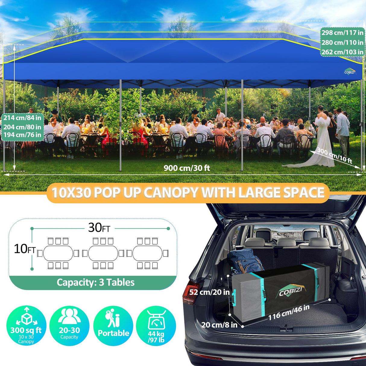COBIZI 10x30 Pop Up Canopy Tent with Air Vent EZ Pop Up Party 10x30 Canopy Tent Waterproof and UPF50+,Outdoor Canopy Tent for Parties Wedding Events,with Roller Bag, Sandbags(Blue COBIZI
