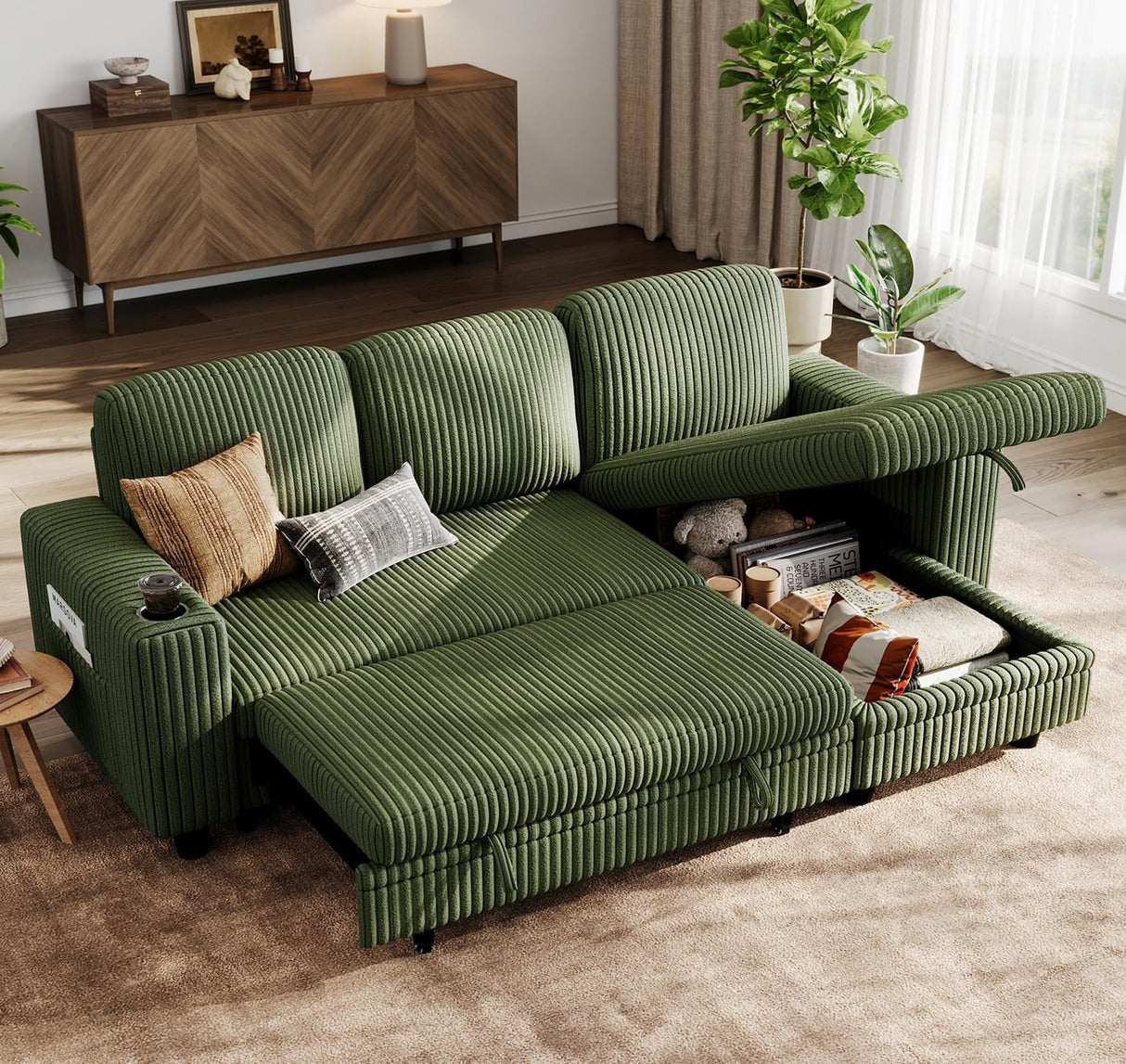 LINSY HOME Sectional Sleeper Sofa with Pull Out Couch Bed Convertible Plush Corduroy Cloud Couch with Storage Chaise & USB Charging, Comfy L Shaped Modular Couches for Living Room Apartment (Green) LINSY HOME