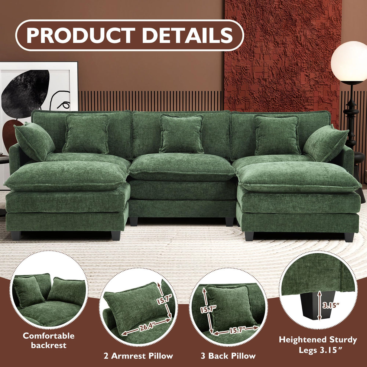 Ihanherry 111.4" U Shaped Modern Sofa Modular Sectional Cloud Couch with 2 Ottoman, 5-Seat Chenille Deep Seat Sofa with Pillow for Living Room, Bedroom and Apartment, Green Ihanherry
