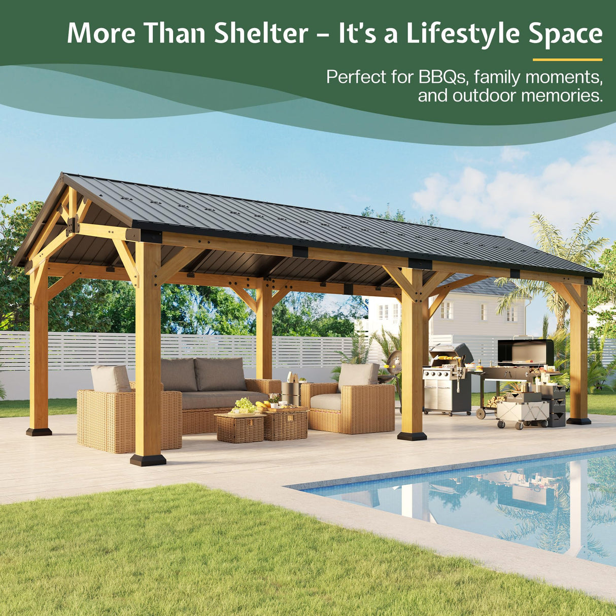 Jocisland 12x24x9.5 FT Cedar Wood Hardtop Carport with Steel Roof, Waterproof Outdoor Gazebo Pavilion, Heavy-Duty Snow & Wind Resistant Canopy for Patio, Driveway, Garden Jocisland