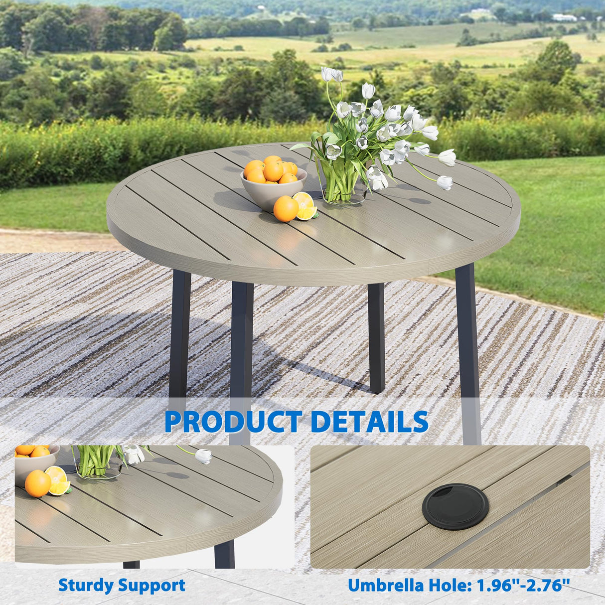 Seekverse 5-Piece Outdoor Dining Set, Round Metal Table with 4 Grey Chairs, Teak Patio Table with Umbrella Hole for Garden, Yard, Patio Seekverse