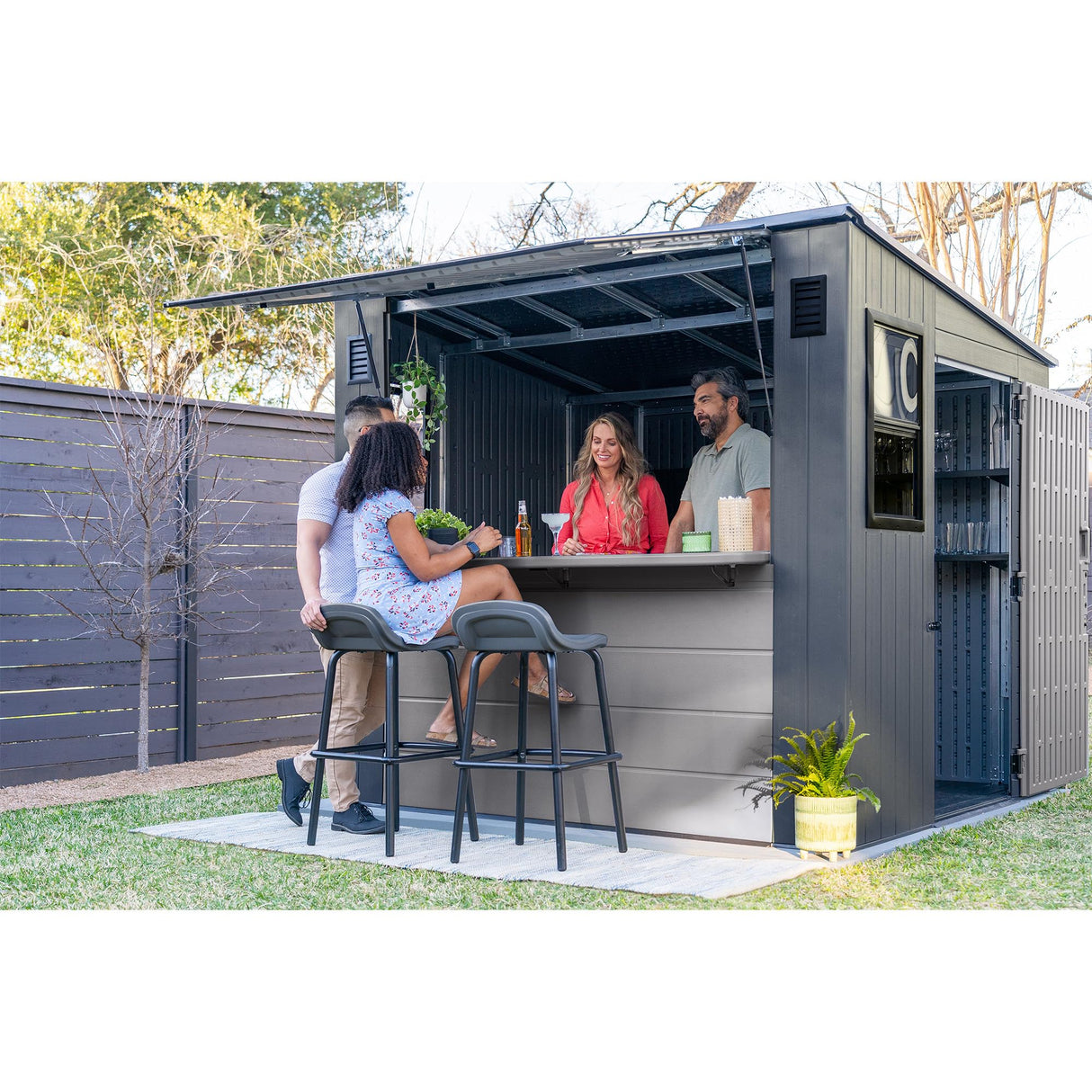 Suncast 8' x 7' Cabana Entertainment Storage Shed, All-Weather Outdoor Backyard Shelter with 2 Windows and Fold-Down Bar Top, Gray Suncast