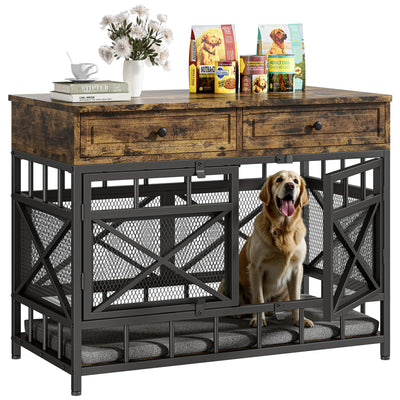 IRONCK 44 inch Large Dog Crate Furniture, Wooden Dog Kennel with Storage Drawers for Medium/Large Dogs, Decorative Dogs Kennel Indoor, Rustic Brown