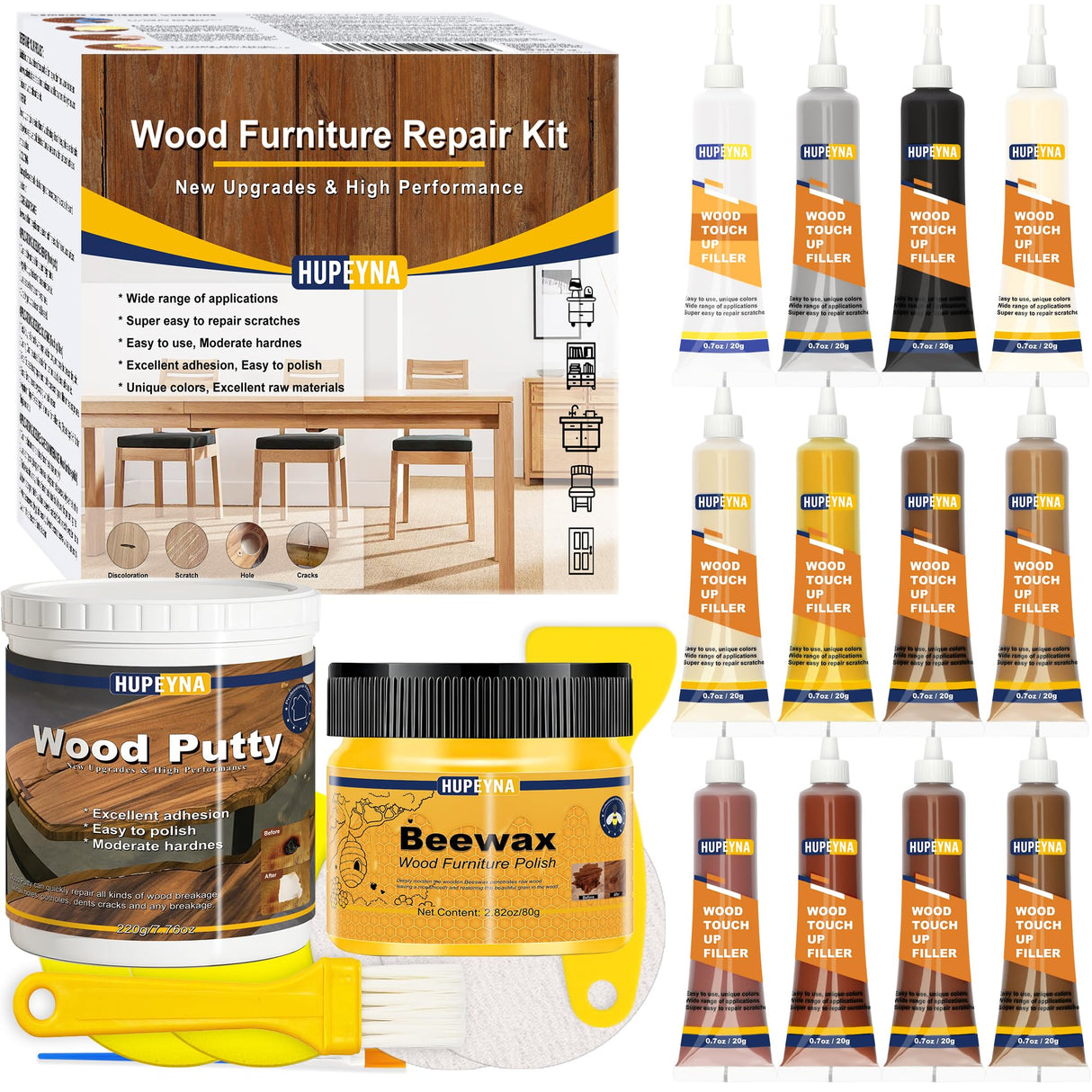 Hupeyna Wood Furniture Repair Kit, 21 Pcs Touch Up Wood Putty, Wood Fillers and Beeswax - Repair Cracks, Scratch, Hole, Discoloration for Wooden Floor, Door, Laminate, Table, Cabinet Surfaces Hupeyna