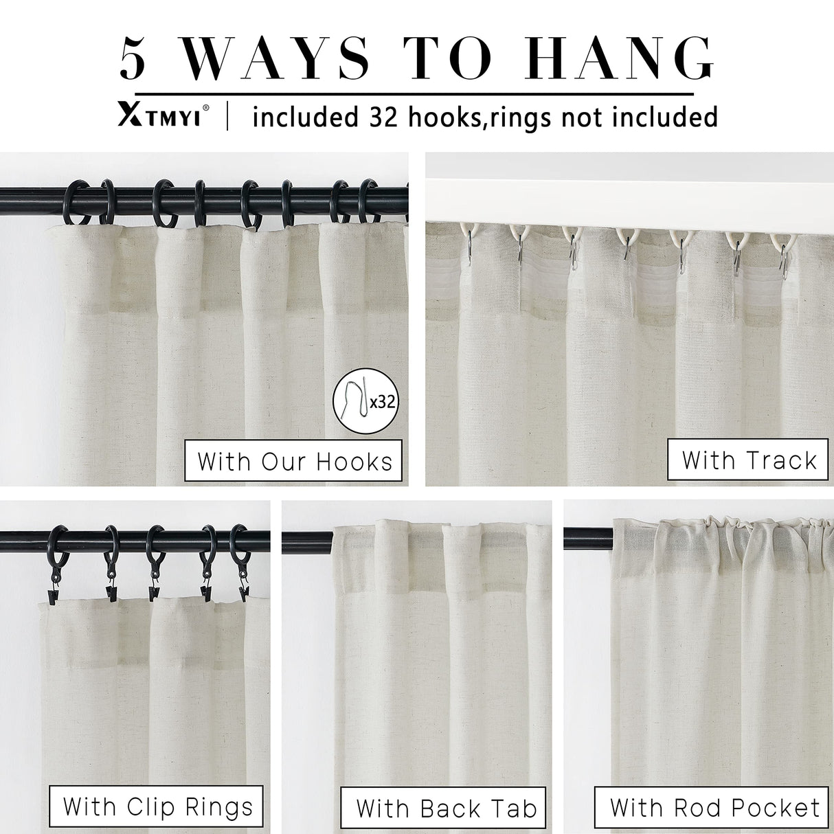 108 Inch Linen Curtains 2 Panels,With Heading Tape Hooks for Track System Back Tab,Stone Washed Cotton Flax Weave Sheer Extra Long Curtain for Living Room Bedroom,9FT 9 FT,Cream(Ivory/Off White) XTMYI