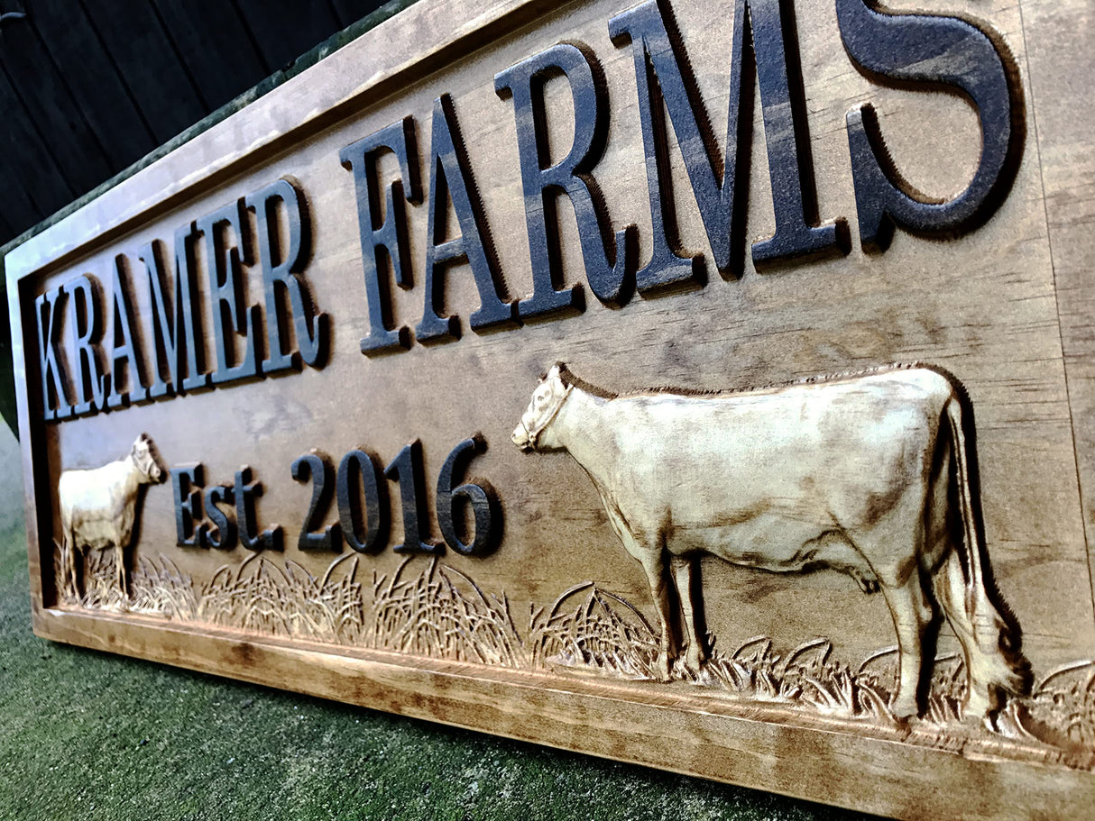Personalized Farm Sign | Custom Farmhouse Decor | Wooden Farmer Gift | Wood Wall Family Name Sign | Established Cow Sign | Carved Farmhouse Sign | Cattle Decor | Outdoor Farm Sign 3D Woodworker