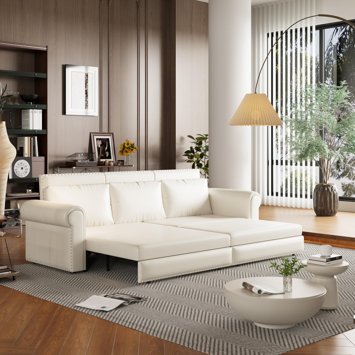 DNChuan 93.7" Chesterfield 3 Seater Pull Out Sofa Bed King Size with Pillows, PU Leather 3-in-1 Convertible Sleeper Couch with Nails Trim, Space Saving for Living Room, Cream White DNChuan