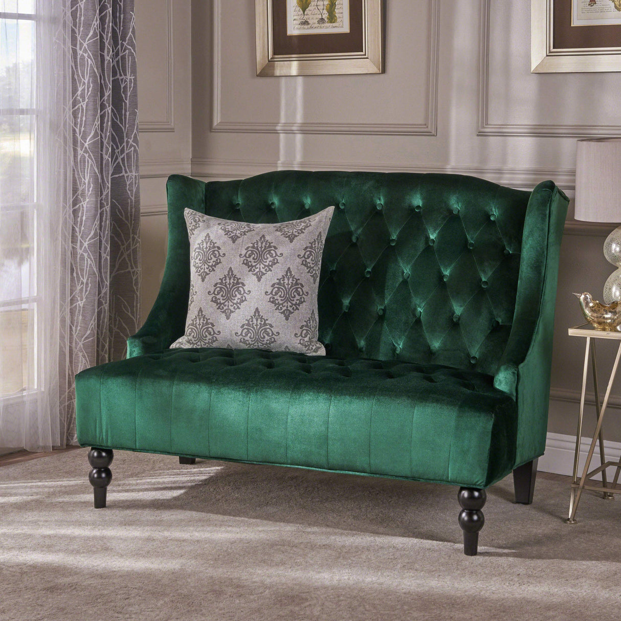 Christopher Knight Home Leora Modern Glam Tufted Velvet Wingback Loveseat, Emerald / Dark Brown Christopher Knight Home