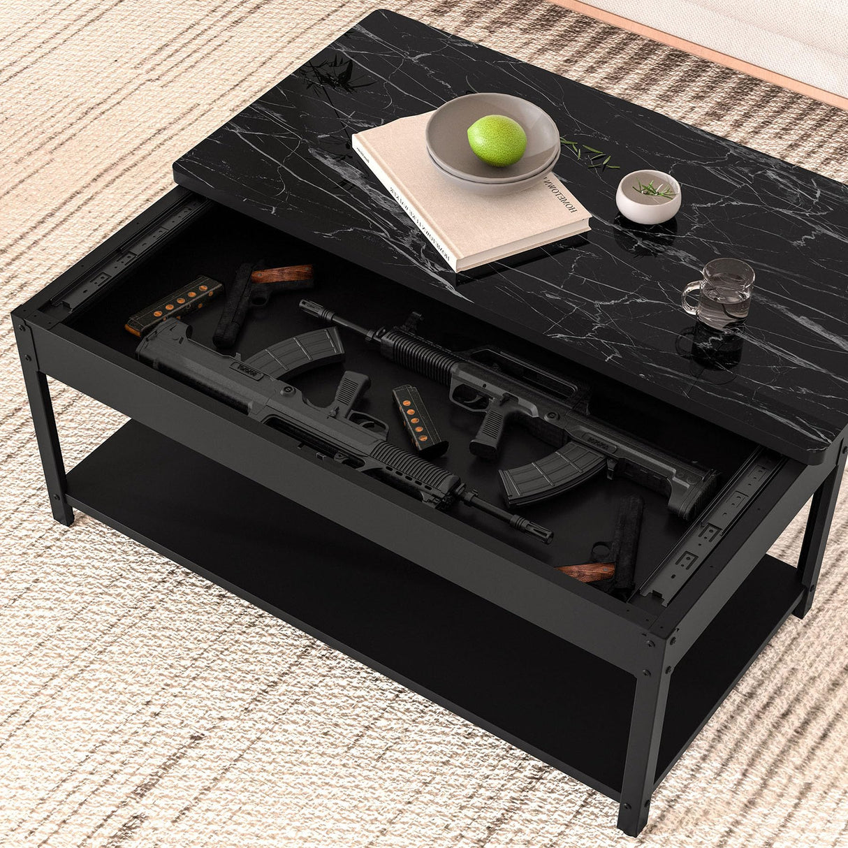 Hidden Gun Compartment Table Furniture with Fingerprint Lock, Modern Storage Drawer Secret Safe Shelf for Living Room and Bedroom Cabinet CQSXDA