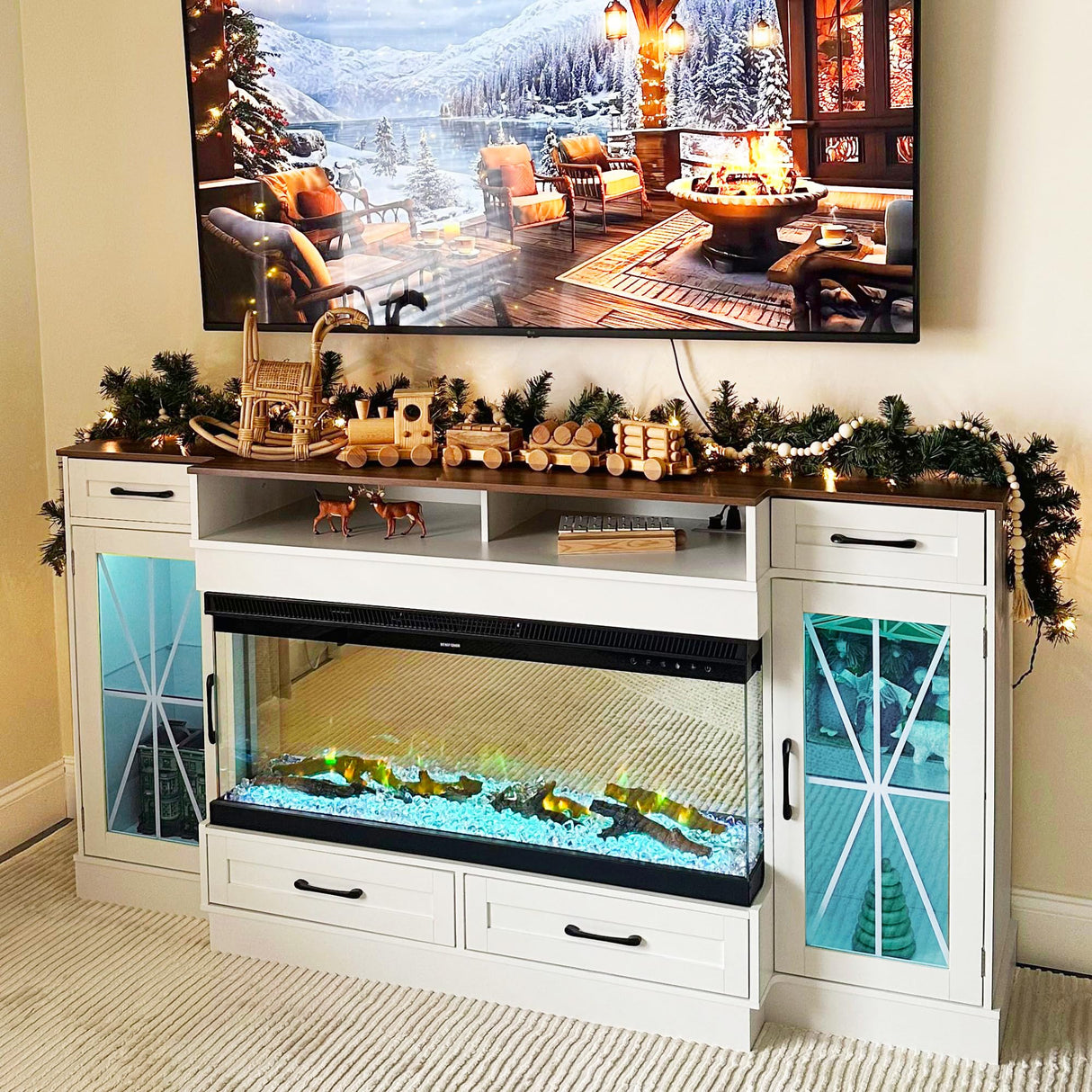 YITAHOME Fireplace TV Stand for 75/80 Inch TV, Entertainment Center with 3 Sided Glass Electric Fireplace & LED Strip, TV Console with Glass Door & Power Outlet for Living Room (White) YITAHOME