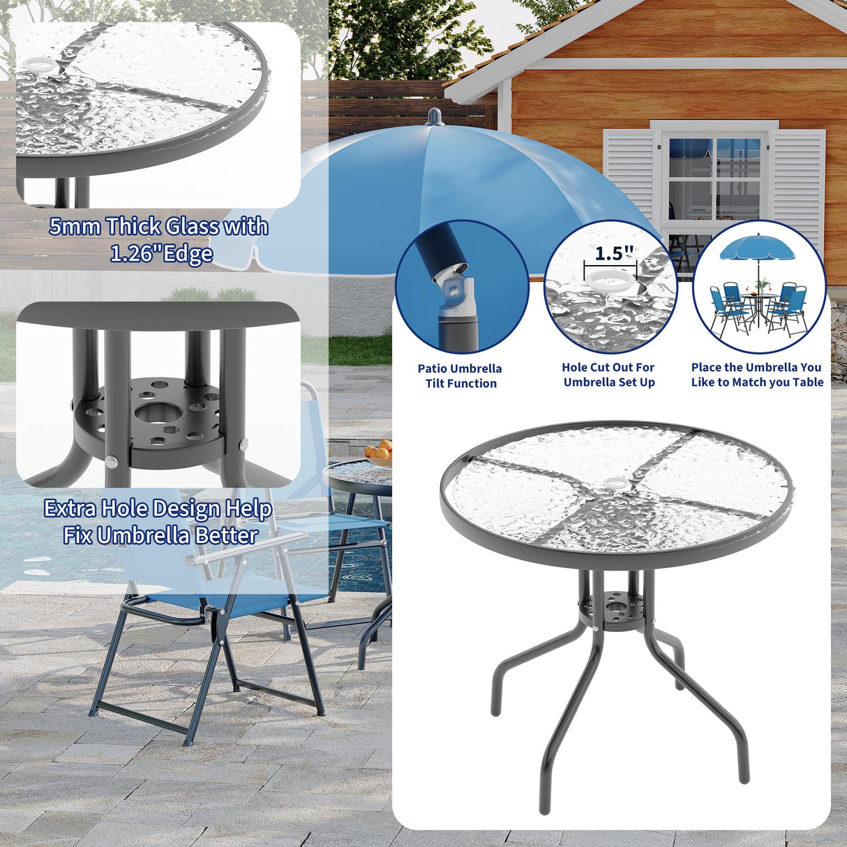 6 Pieces Patio Dining Set with Umbrella, Outdoor Furniture Set with 4 Folding Dining Chairs, Garden Patio Furniture Set with Umbrellas, Tempered Glass Top Dinings Table PeakPursuit