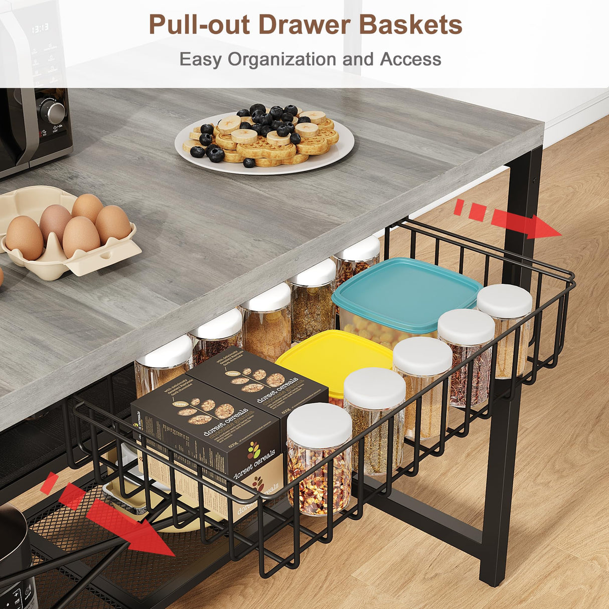 Jocoevol 46" Large Kitchen Island Table Baker Rack with Power Outlet and 3-Tier Storage-Microwave Stand Oven Shelf, Metal Coffee Bar Table,Kitchen Storage Shelf for Dining Living Room, 5 Hooks,Grey Jocoevol