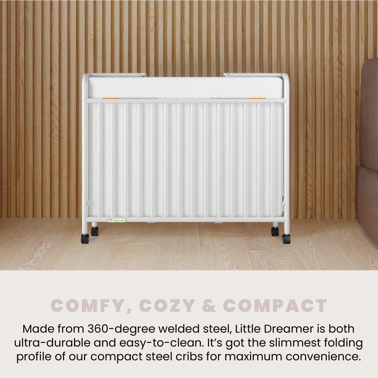 Child Craft Little Dreamer Metal Compact Folding Portable Crib with 2” Crib Mattress and 2 Easy Roll Locking Wheels, Durable Metal Construction, Easy to Clean (White) Child Craft