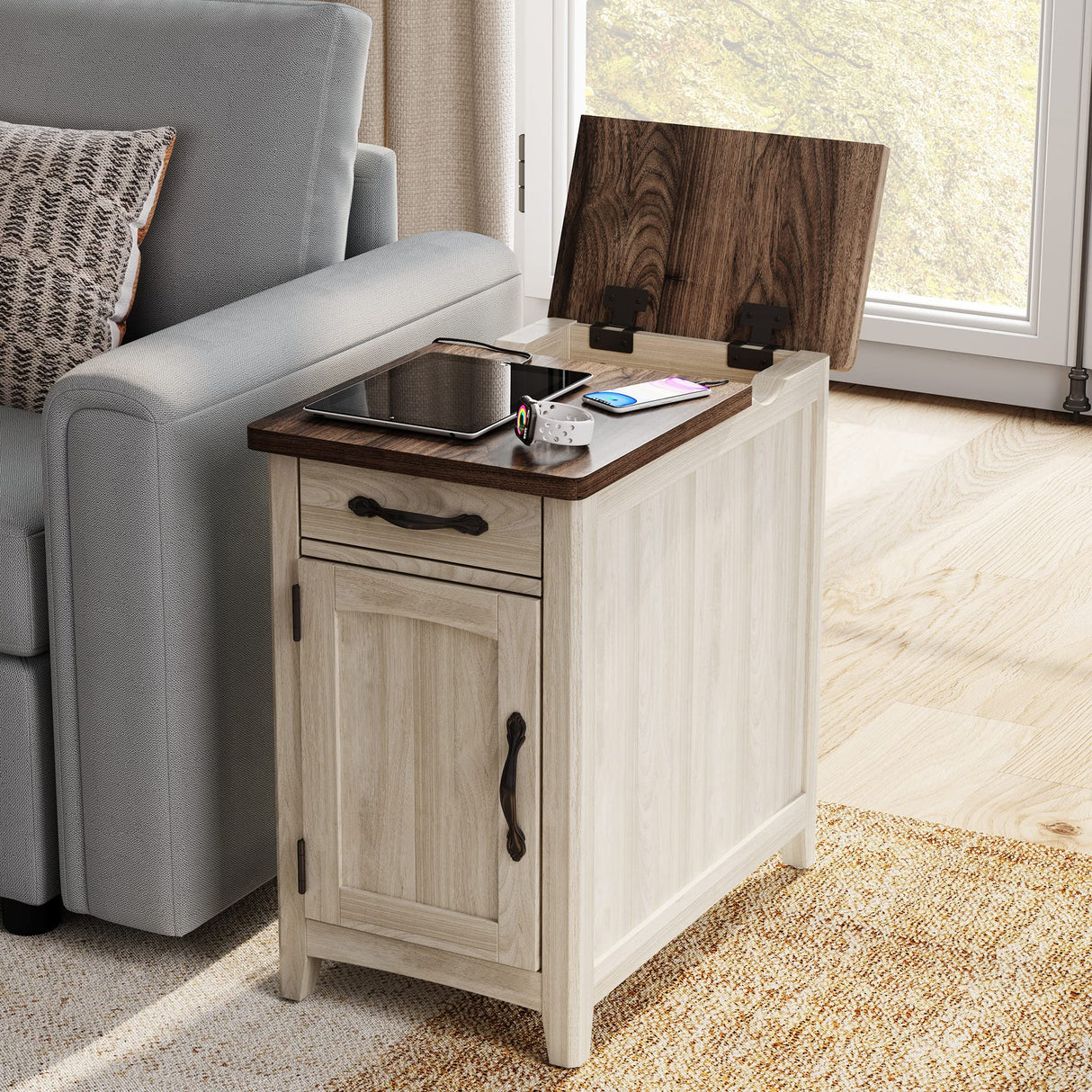 LINSY HOME Farmhouse End Table with Charging Station, Narrow Side Table for Living Room, Sofa Side Table with Drawer and Storage Cabinet, Small Nightstand for Bedroom LINSY HOME
