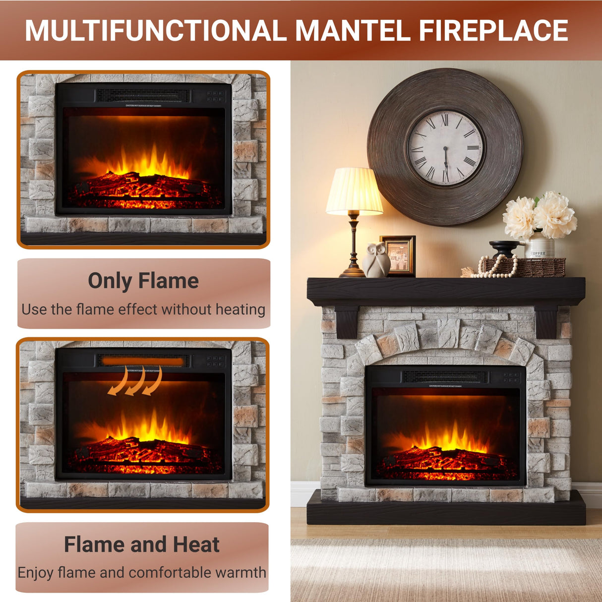 Electric Fireplace with Mantel, 40”W Faux-Stone Fireplace Mantel,Tall Fire Place Heater Freestanding with LED Flame for Living Room Bedroom, 40”Wx12”Dx35”H, Gray Edwin's Choice