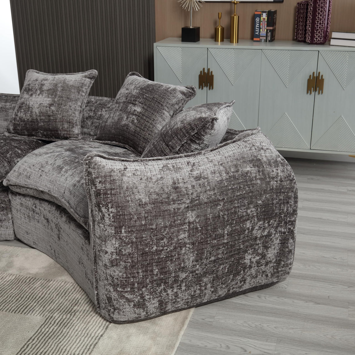 SmartEdge 125'' Modular Curved Sofa Couch, Chenille Deep Seat Sofa with 5 Pillows, Comfy 5 Seat Sofa Cloud Couch, Modular Sectional Sofa for Living Room Apartment Office, Grey SmartEdge