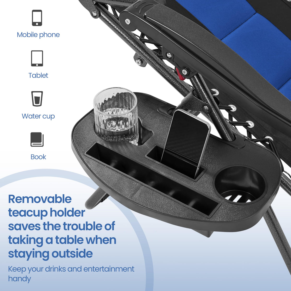 Yaheetech Padded Zero Gravity Recliner, Foldable Outdoor Patio Chairs, Adjustable Anti Gravity Lounger for Backyard Camping w/Carry Strap, Cup Holder, Pillow Navy Blue/Black Set of 2 Yaheetech