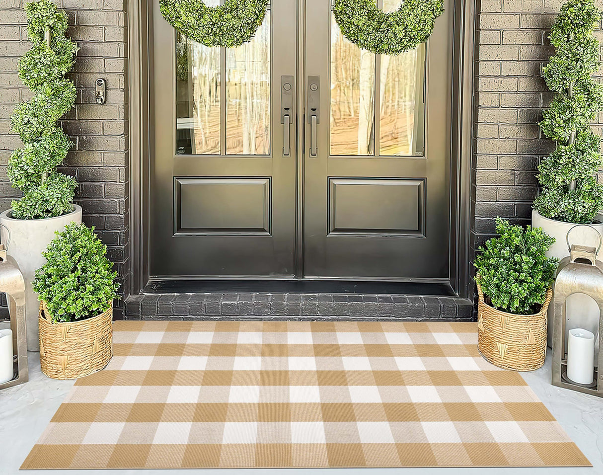 Khaki and White Outdoor Rug 3'x5', Fall Outdoor Porch Rug Cotton Woven Washable Farmhouse Indoor Outdoor Doormat for Front Porch Hello Welcome Layered/Entryway/Bedroom/Living Room/Patio KIhipIoe