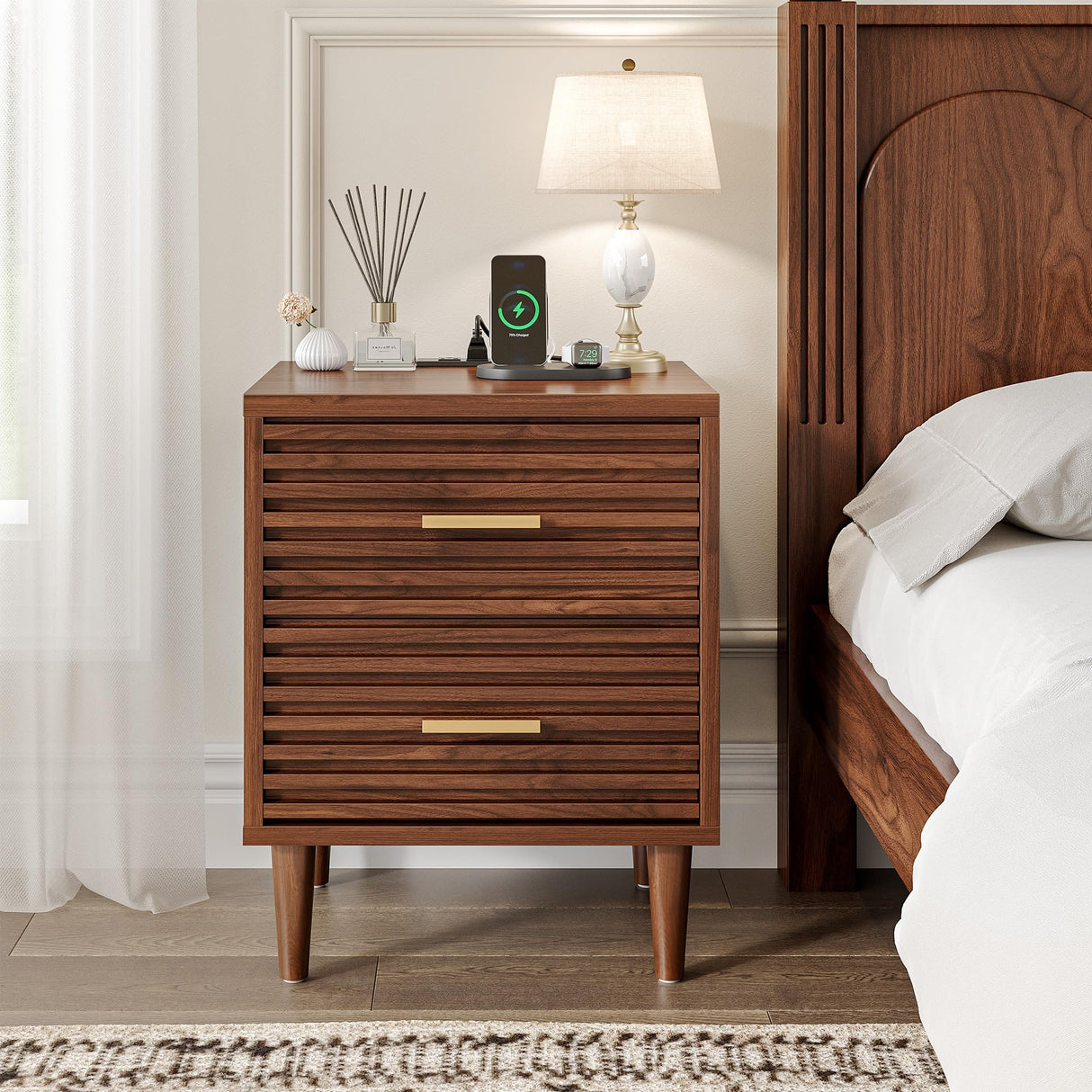 Whalefall Night Stands with Charging Station Set of 2, Mid Century Modern Nightstand, Fluted Bedside Table with Drawer, End Table Bed Side Tables for Bedroom, Accent Tables with Wood Legs, Brown 2pcs Whalefall