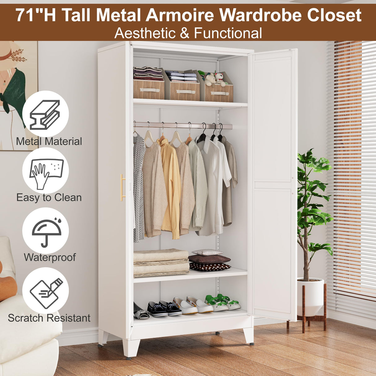 pozdeg 71" Metal Armoire Wardrobe Closet, Tall Clothing Storage Cabinet with Hanging Rods, Household Closet Organizers with Adjustable Shelves for Home Office or Gym (White) pozdeg