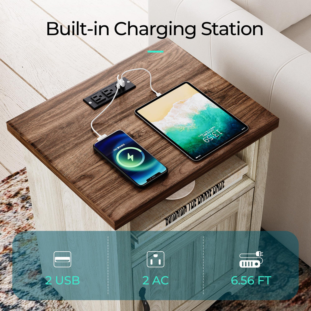 LINSY Farmhouse Night Stand Set of 2, 18.9” Wood End Table with Charging Station, Side Table for Bedroom, Living Room, Couch with USB Ports and Outlets, Nightstand with Storage, Beige LINSY