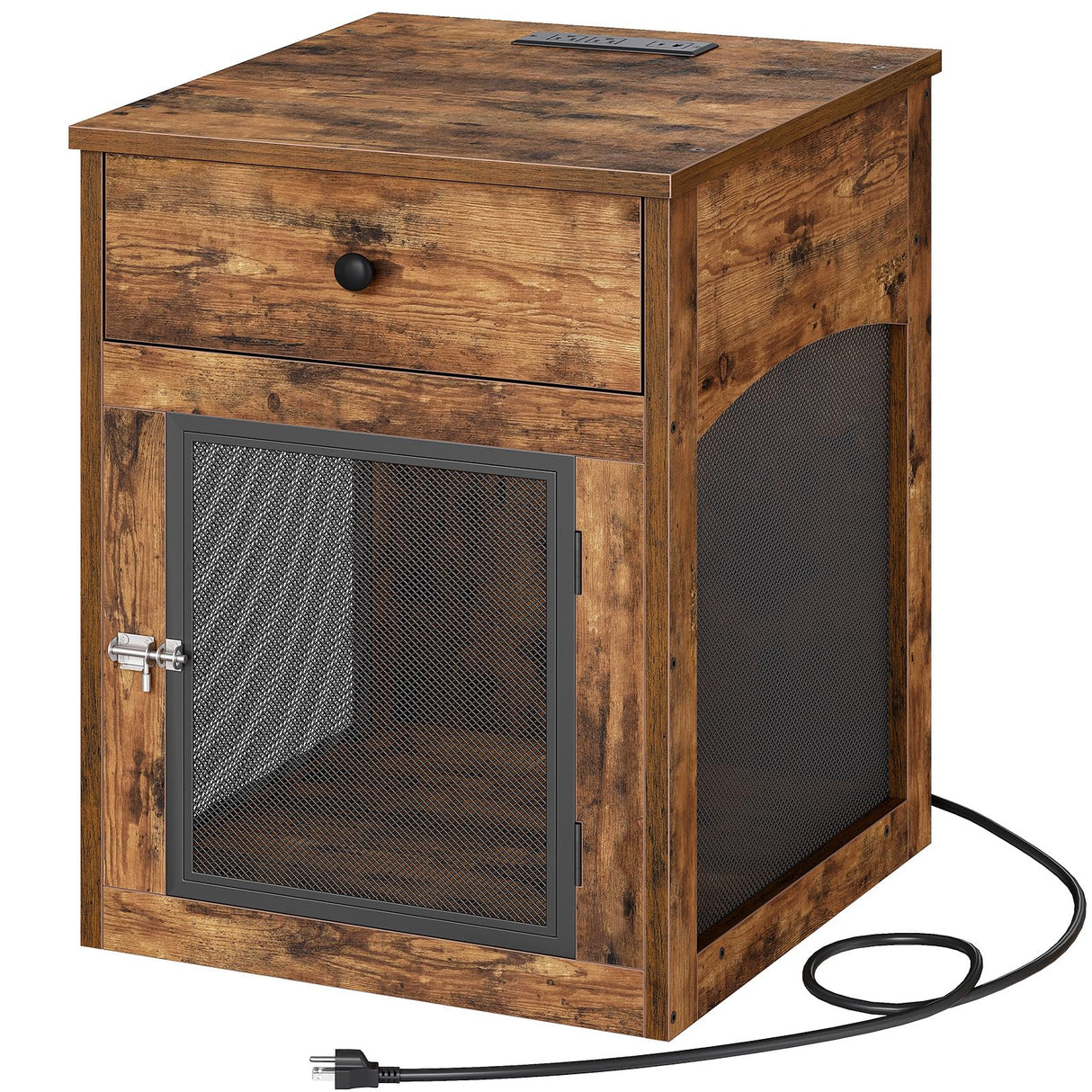 HOOBRO Dog Crate Furniture, Dog Kennel with Drawer and Charging Station, Indoor Decorative Puppy House, Wooden Pet Crate End Table for Small Dogs, Rustic Brown and Black BF58UGW03G1 HOOBRO
