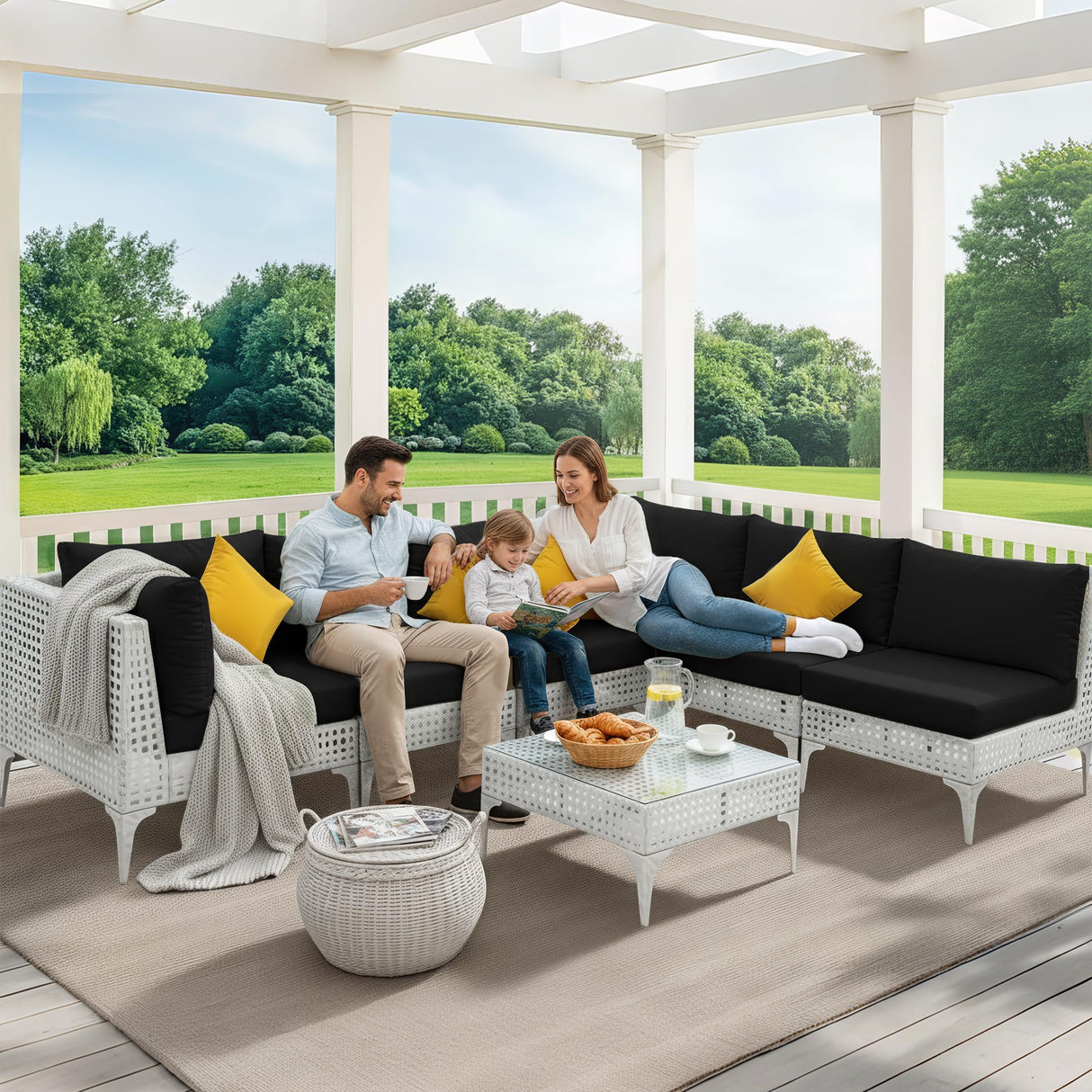 NICESOUL 7 Piece 28.7" High Back Patio Furniture Set, White PE Wicker Outdoor Conversation Sectional Sofa, Comfortable Deep Seat Modular Outdoor Patio Set for Backyard Porch Garden Deck, Black NICESOUL