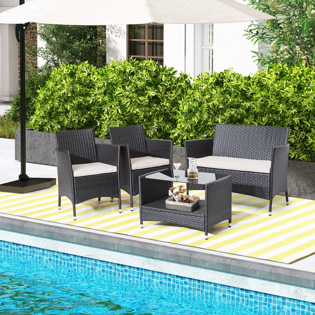 Tangkula 4 Pieces Patio Furniture Set, Patiojoy Outdoor PE Wicker Conversation Set with Soft Cushions and Tempered Glass Tabletop, Outdoor Garden Furniture Set with 2-Tier Coffee Table (Brown) Tangkula