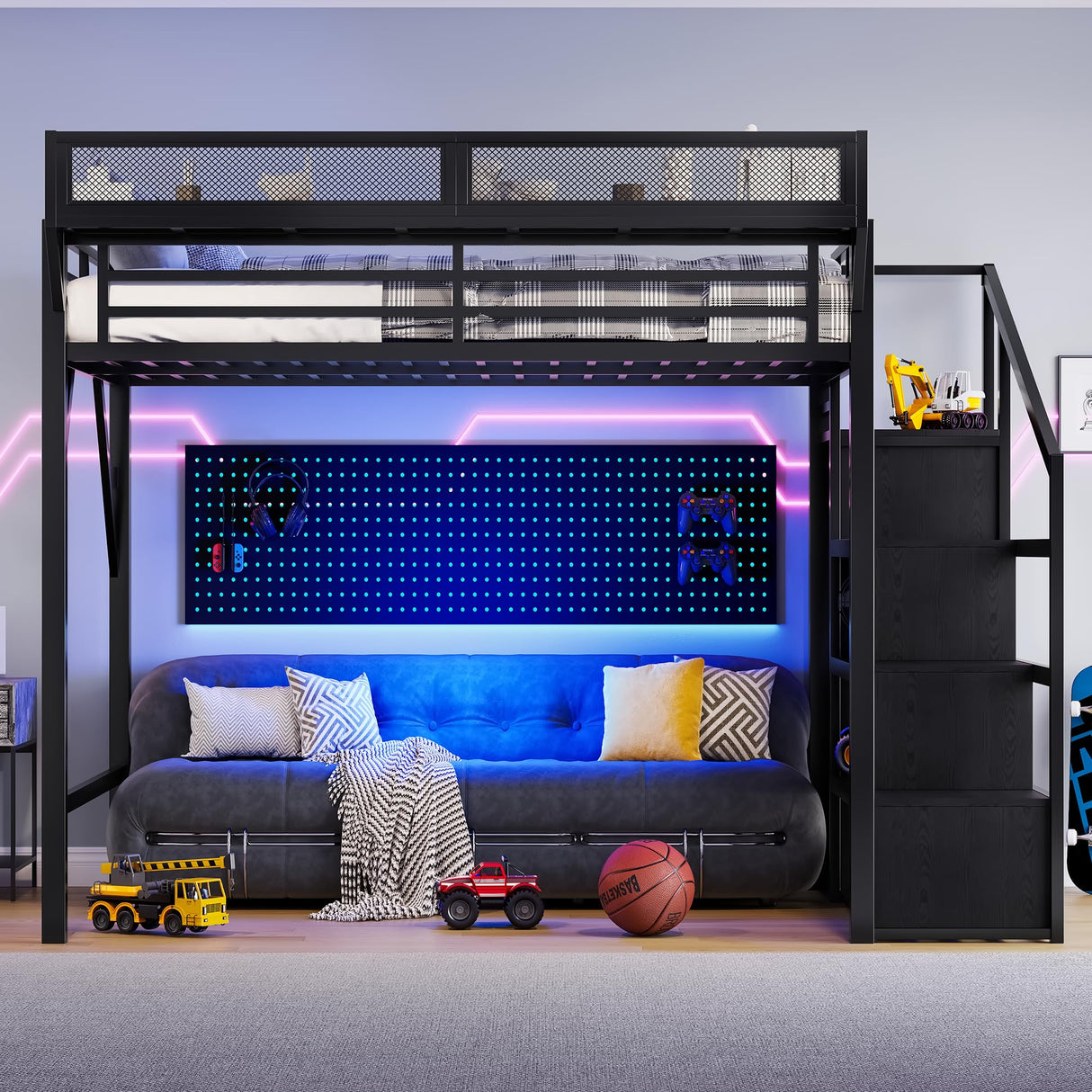 Enoioyonay Queen Size Metal Loft Bed with Stairs, Storage Shelves, Wardrobe, Safety Guardrail, USB Ports and LED Lights, Space Saving, for Boys Girls Adults, Black Woodgrain Enoioyonay