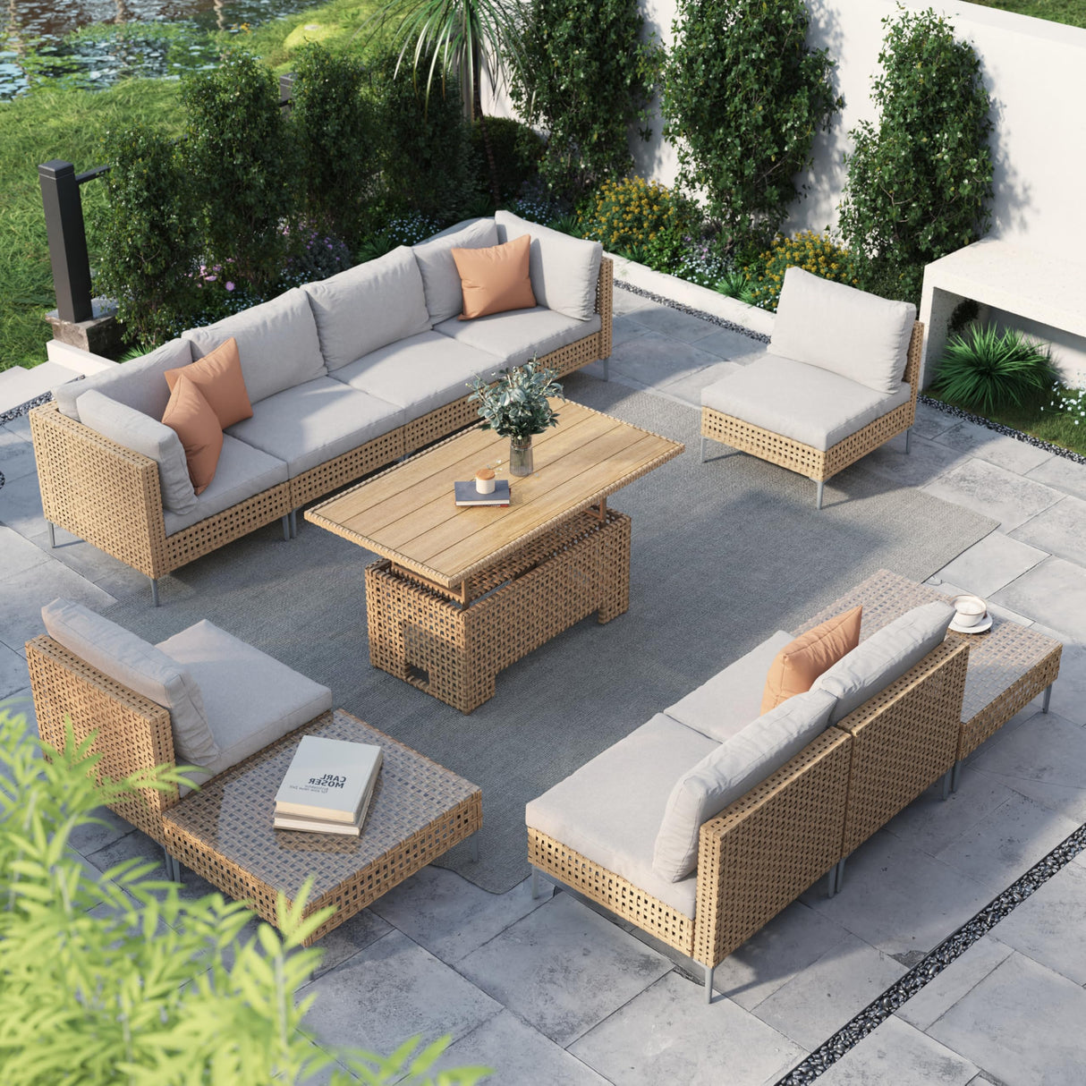 Grand patio 11-Piece Wicker Patio Furniture Set with Lift Top Coffee Storage Table, Outdoor Conversation Set Sectional Sofa with Water Resistant Thick Cushions, Cream Grand patio