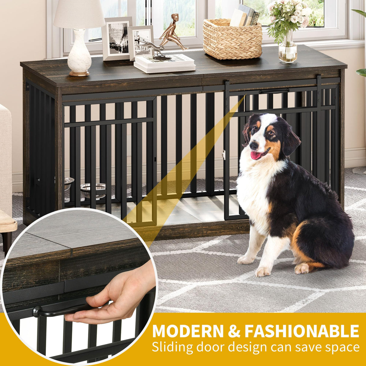DWVO 55" Extra Large Dog Crate Furniture, Heavy Duty Metal Dog Kennel TV Stand with Sliding Door, Wooden Dog Cage Table with Dog Bowl for Extra Large Medium Dogs or 2 Small Dogs Black Oak DWVO