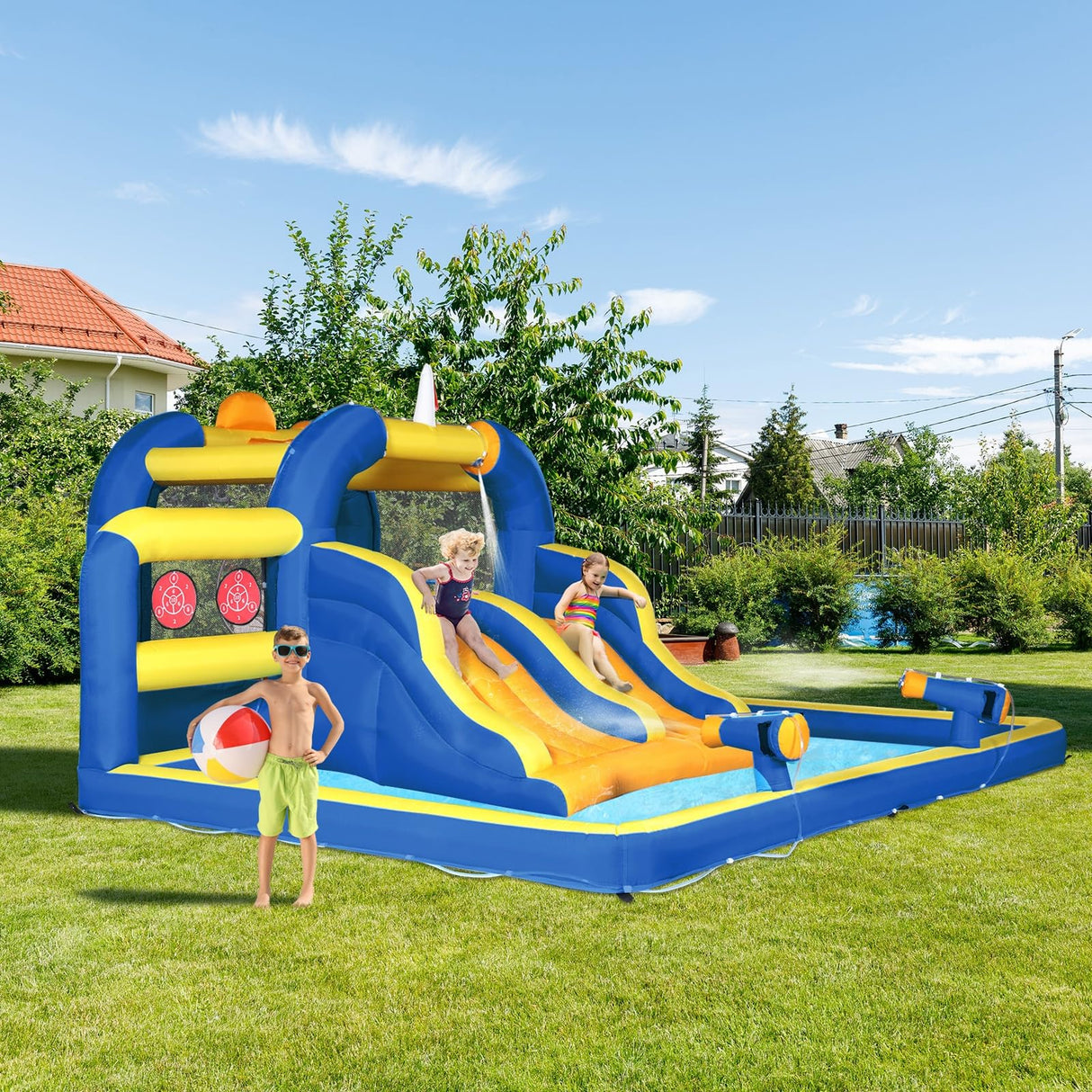 Ktaxon Inflatable Bounce House, Jumping Outdoor Air Castle Children Bouncer Double Water Slide with Air-Blower for Backyard, Park, Lawn (181" L x 181" W x 86.7" H) Ktaxon