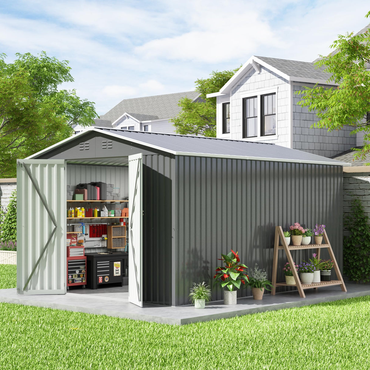 HOGYME 10x12 FT Outdoor Storage Shed, Large Metal Tool Sheds with Updated Frame Structure and Lockable Doors, Garden Shed for Backyard Garden Patio Lawn Grey HOGYME