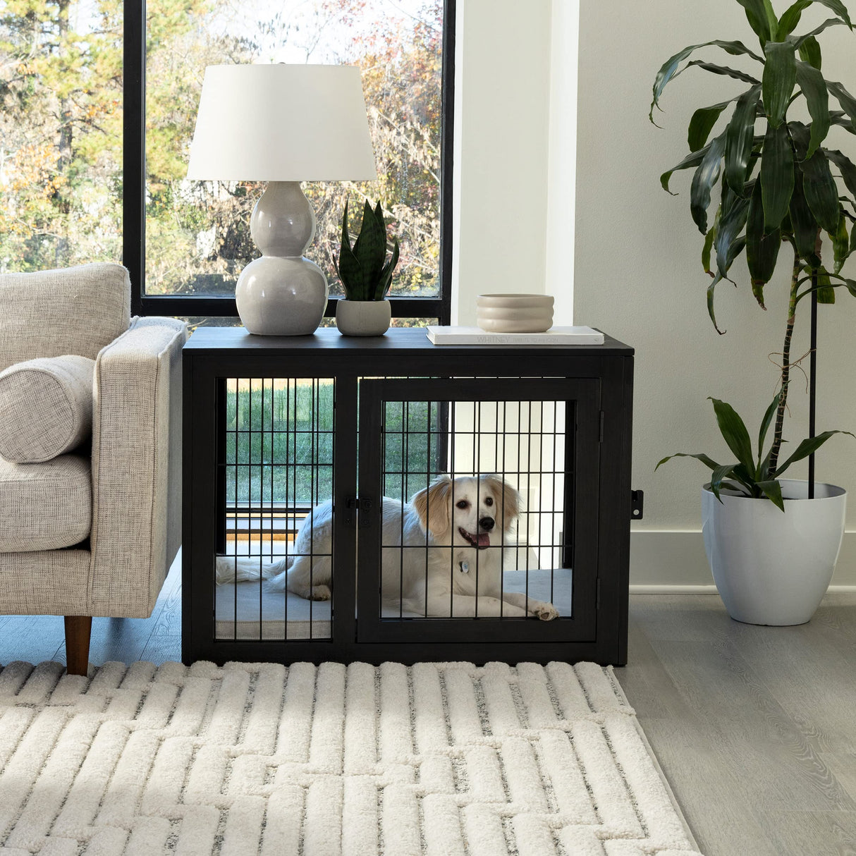 Furniture-Style Dog Crate - Acacia Wood Kennel for Medium Dogs with Double Doors and Cushion - Dog Cage Furniture by PETMAKER (Black) PETMAKER