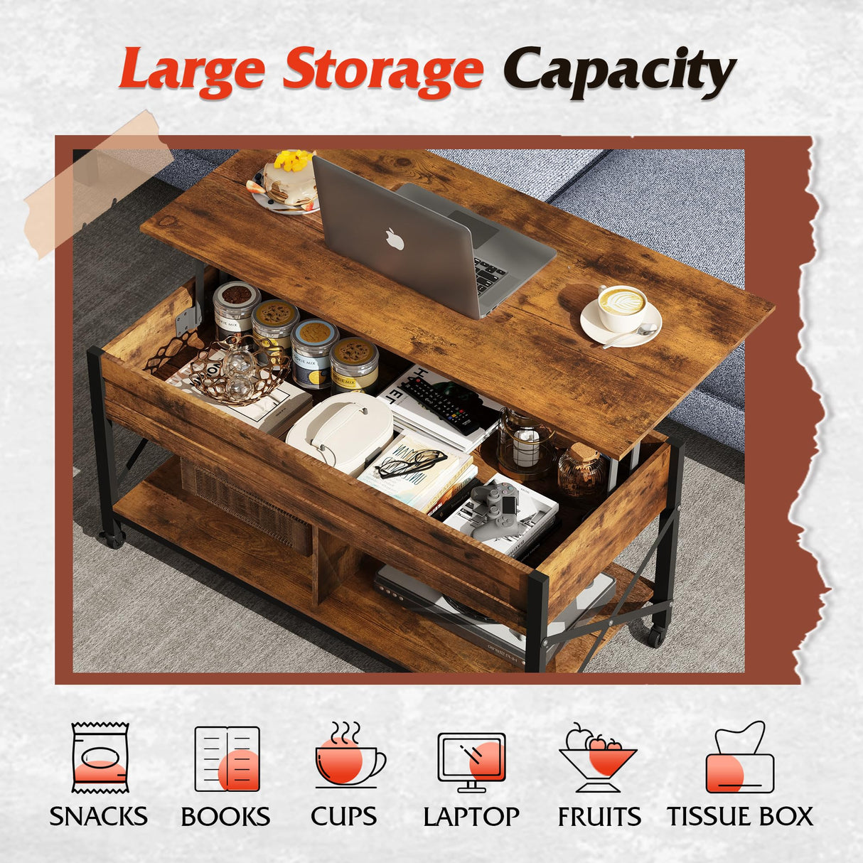 WLIVE Lift Top Coffee Table for Living Room, Coffee Table with Storage, Hidden Compartment and Metal Frame, Central Table with 4 Casters for Reception Room, Rustic Brown WLIVE