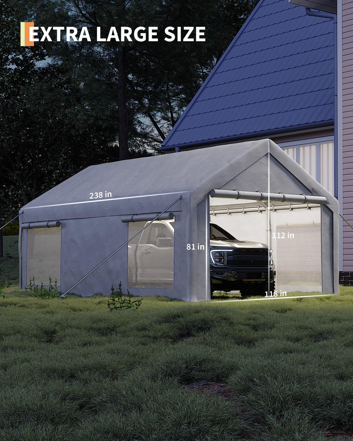 GarveeLife 10x20 Ft Carport, Car Port with 200g PE Tarp, Roll-Up Doors, and 4 Windows, for Sedans, Bass Boats, Motos, ATVs, and SUVs, White GarveeLife