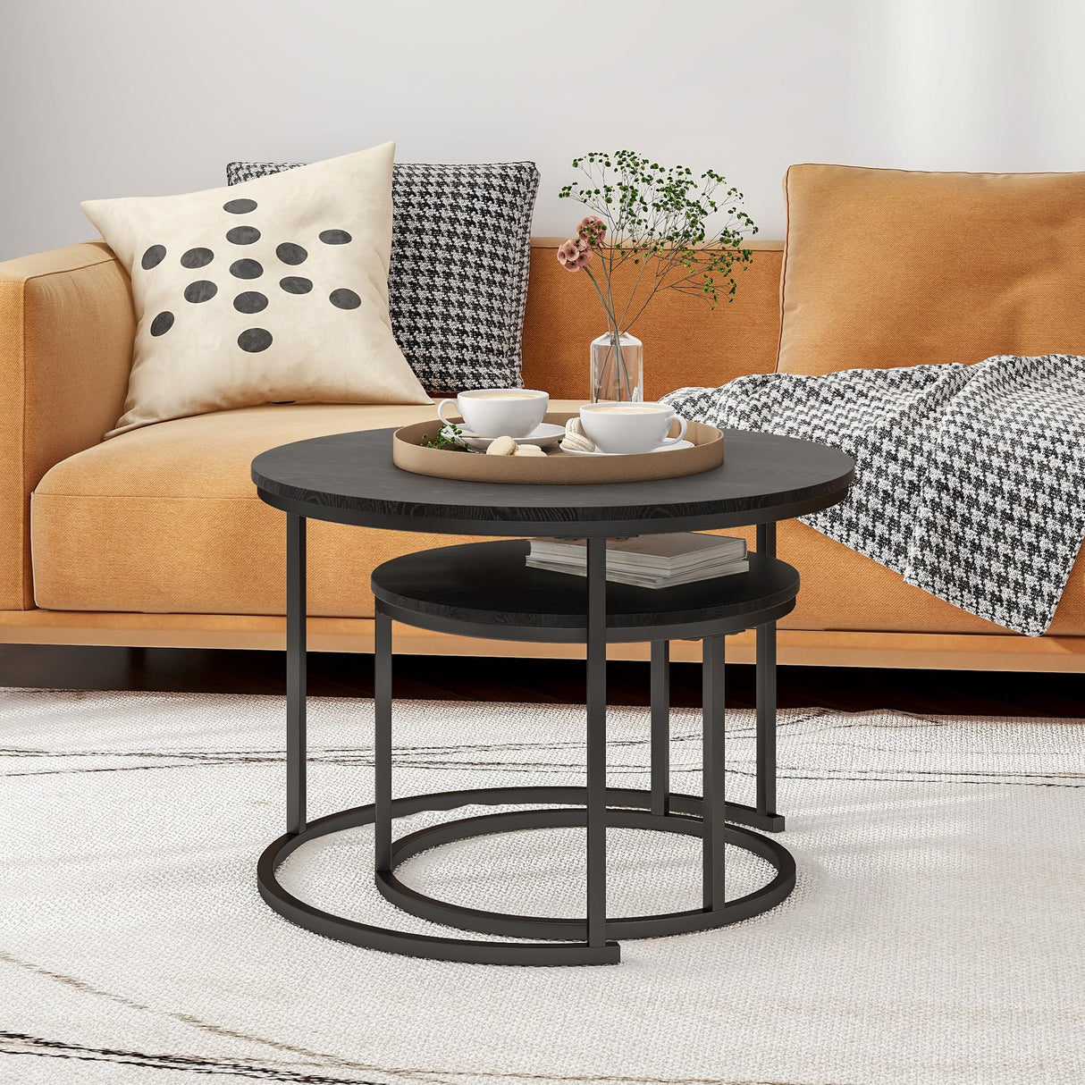 HOJINLINERO Round Coffee Table Set of 2 End Tables for Living Room,Black Coffee Table Nesting Tables,Living Room Table Wooden Accent Furniture Metal Frame,Sturdy Stacking Side Tables,Easy Assembly HOJINLINERO