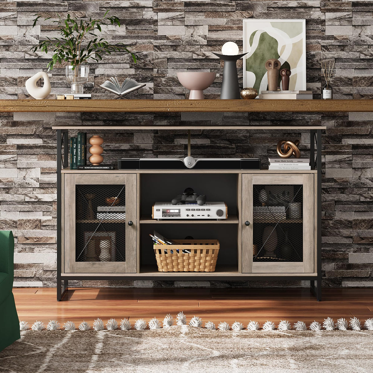 WLIVE TV Stand 55 inch TV, Tall Entertainment Center with Storage, Farmhouse Industrial TV Console for Bedroom Living Room, Greige WLIVE