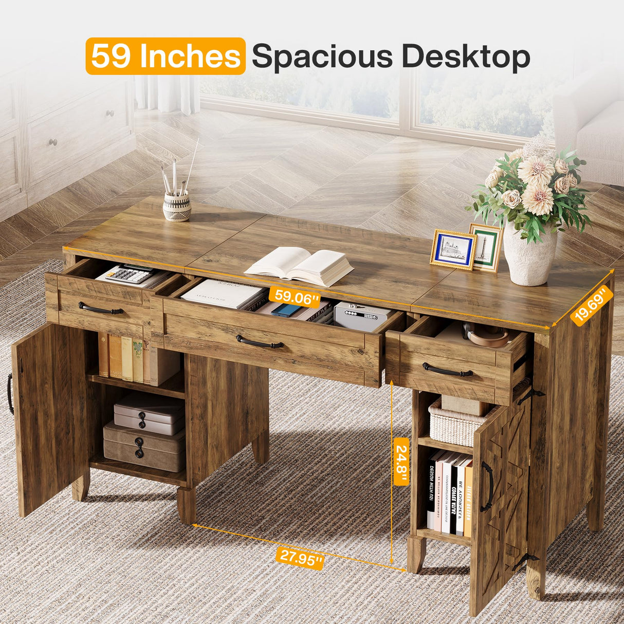 Tribesigns Farmhouse Executive Desk, 59-Inch Executive Computer Desk with File Drawers and Storage Cabinets, Rustic Writing and Study Desks for Home Office Tribesigns