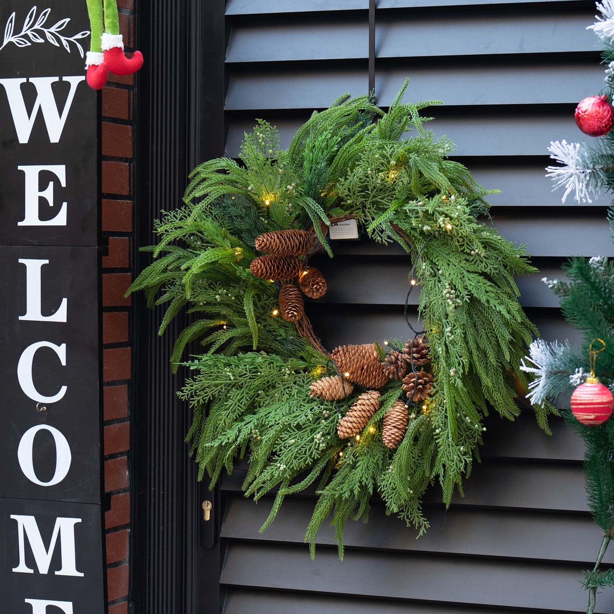 24 Inch Real Touch Norfolk Pine Wreaths for Front Door, Soomeir Artificial Christmas Wreath Green Faux Pine Wreath for Wall Windows Mantle Outdoor Christmas Decoration Soomeir