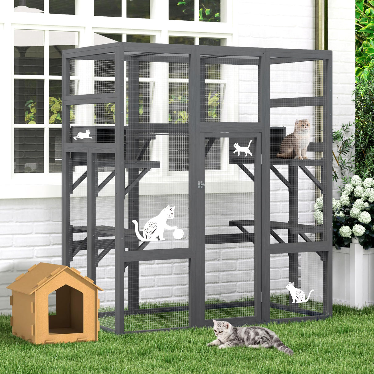 NYEEKOY 71Inches Large Wood Catio Outdoor Cat Enclosure with Perches and Condos, Cat House Indoor with Waterproof Roof, Cat Shelter 7 Platforms & 2 Resting Box, UV Resistant (Grey) Nyeekoy