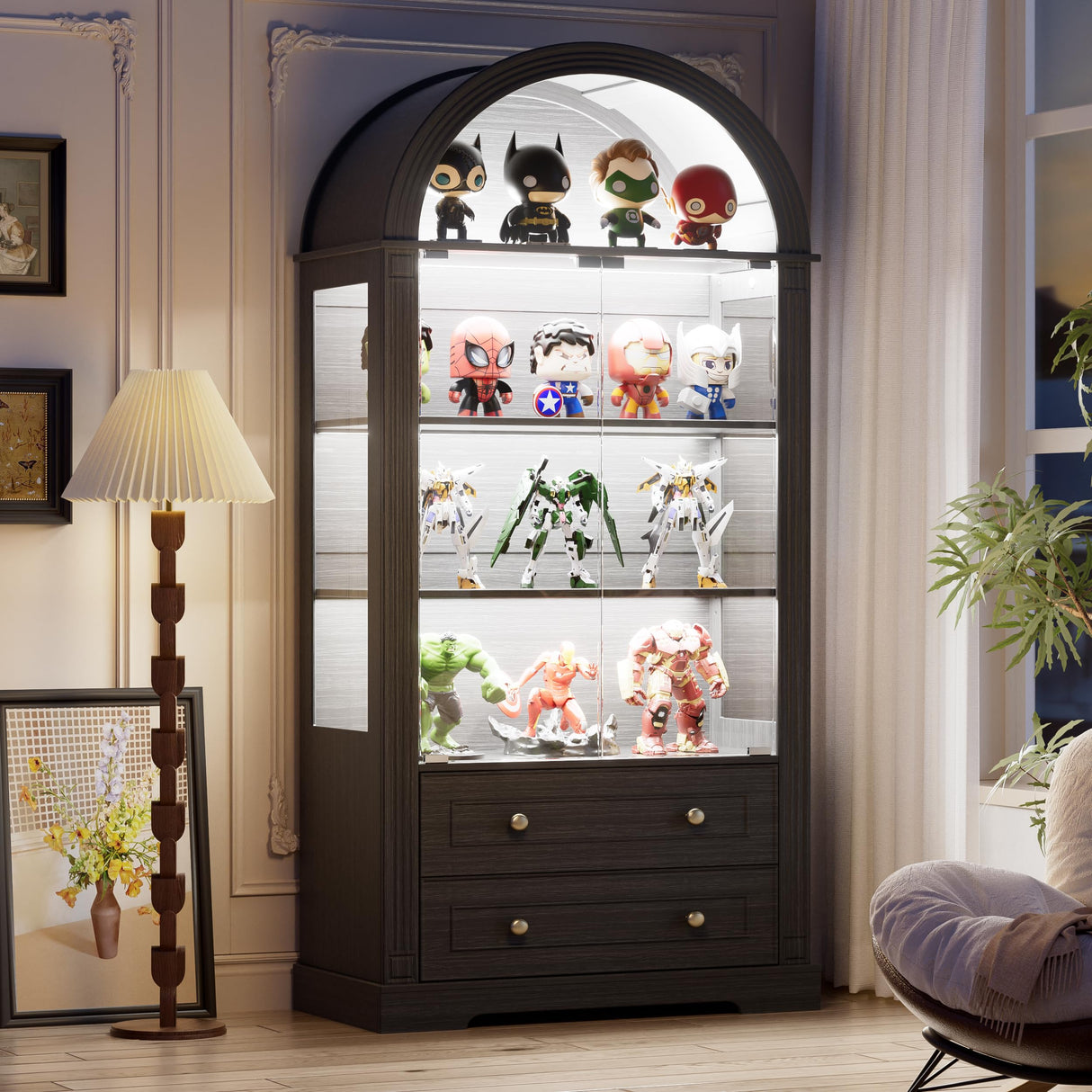 PAKASEPT 73'' Tall Arched Display Cabinet with Glass Doors,4-Tier Curio Cabinet with LED Lights for Collectibles Bookcase,Farmhouse Bookshelf China Storage Kitchen Pantry for Living Room,Black PAKASEPT